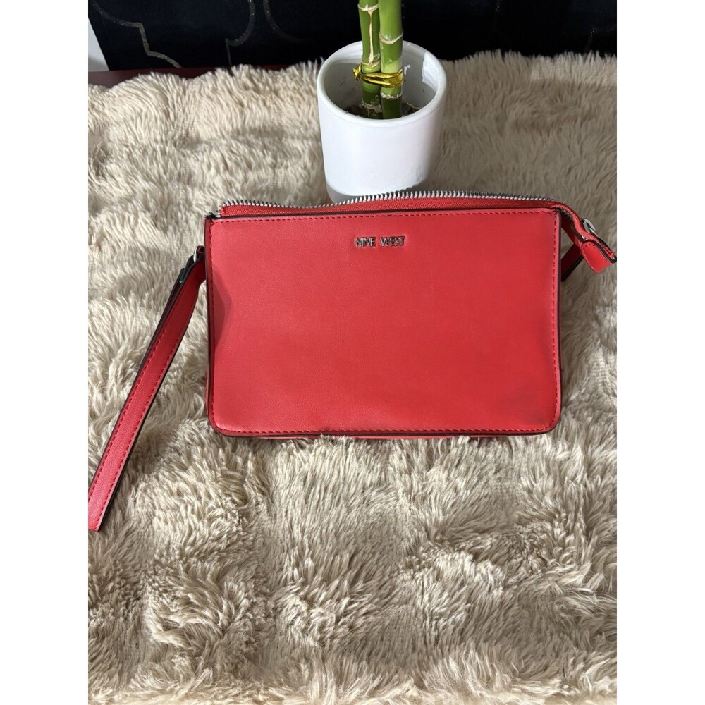Nine West Red Clutch Wristlet Bag Zip Closure Zipper Accent Silver Hardware